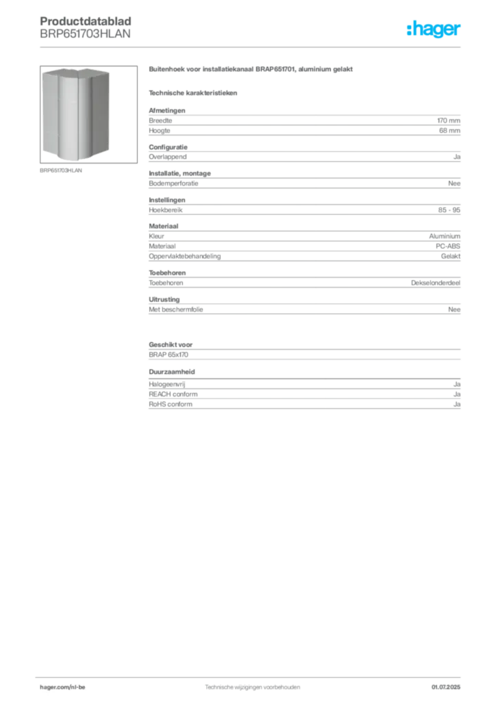 Afbeelding Hager Productdatablad BRP651703HLAN | Hager Belgium