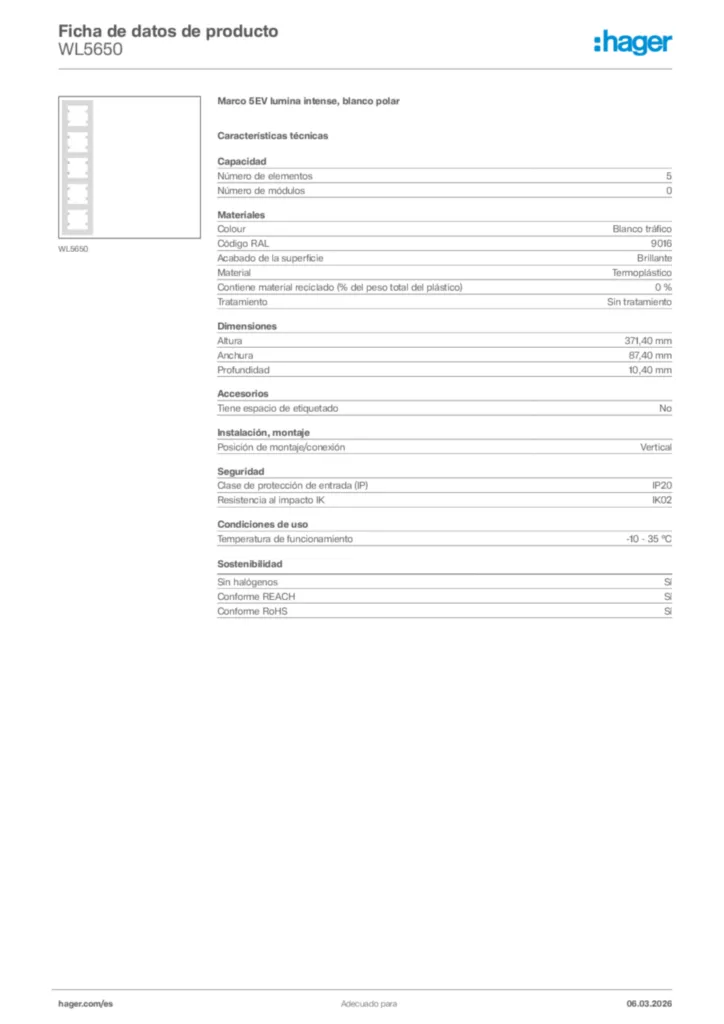 Imagen Hager Ficha de datos de producto WL5650 | Hager España
