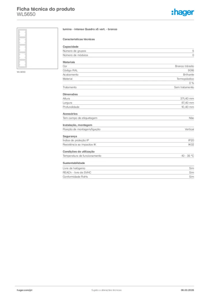 Imagem Hager Ficha técnica do produto WL5650 | Hager Portugal