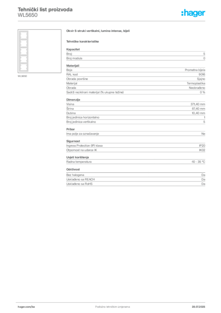 Slika Hager Product data sheet WL5650  | Hager