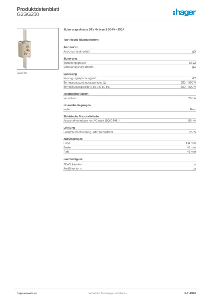 Bild Hager Produktdatenblatt G2GG250 | Hager Schweiz