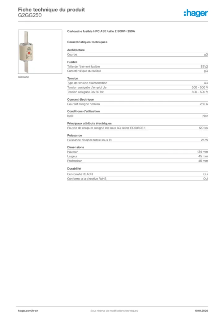Image Hager Fiche technique du produit G2GG250 | Hager Suisse