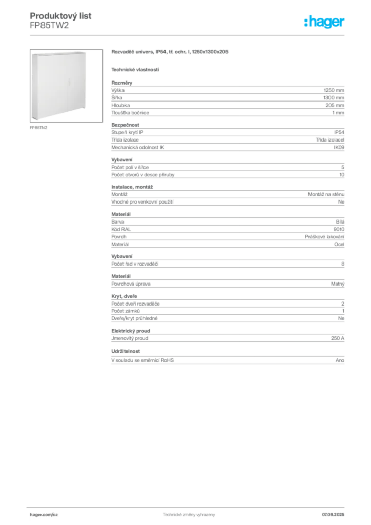 Obrázek Hager Produktový list FP85TW2 | Hager
