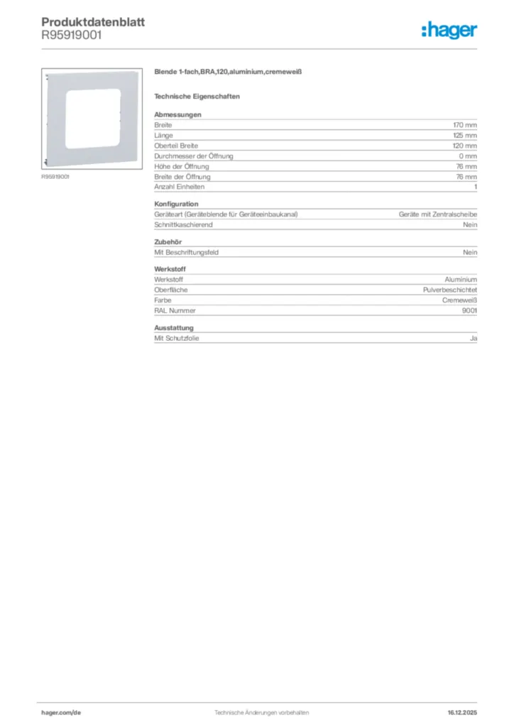 Bild Hager Produktdatenblatt R95919001 | Hager Deutschland