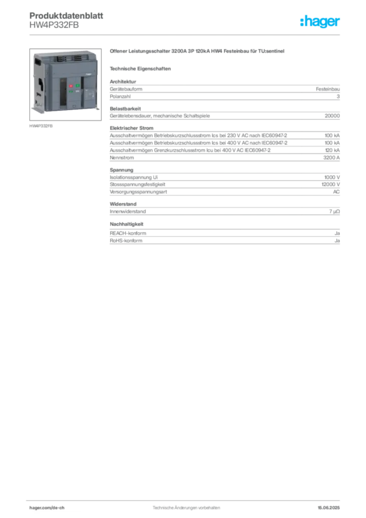 Bild Hager Produktdatenblatt HW4P332FB | Hager Schweiz