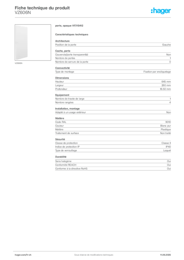 Image Hager Fiche technique du produit VZ606N | Hager Suisse