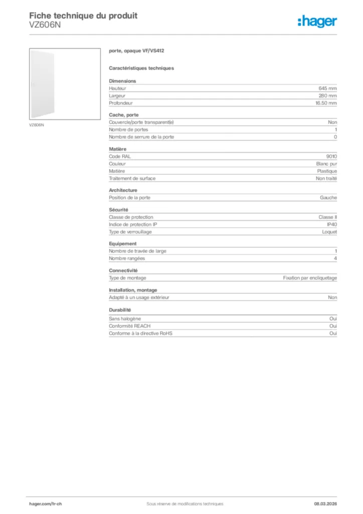 Image Hager Fiche technique du produit VZ606N | Hager Suisse