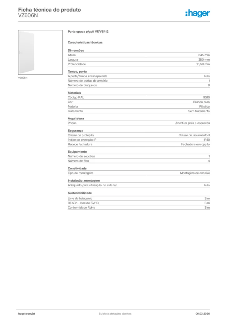 Imagem Hager Ficha técnica do produto VZ606N | Hager Portugal