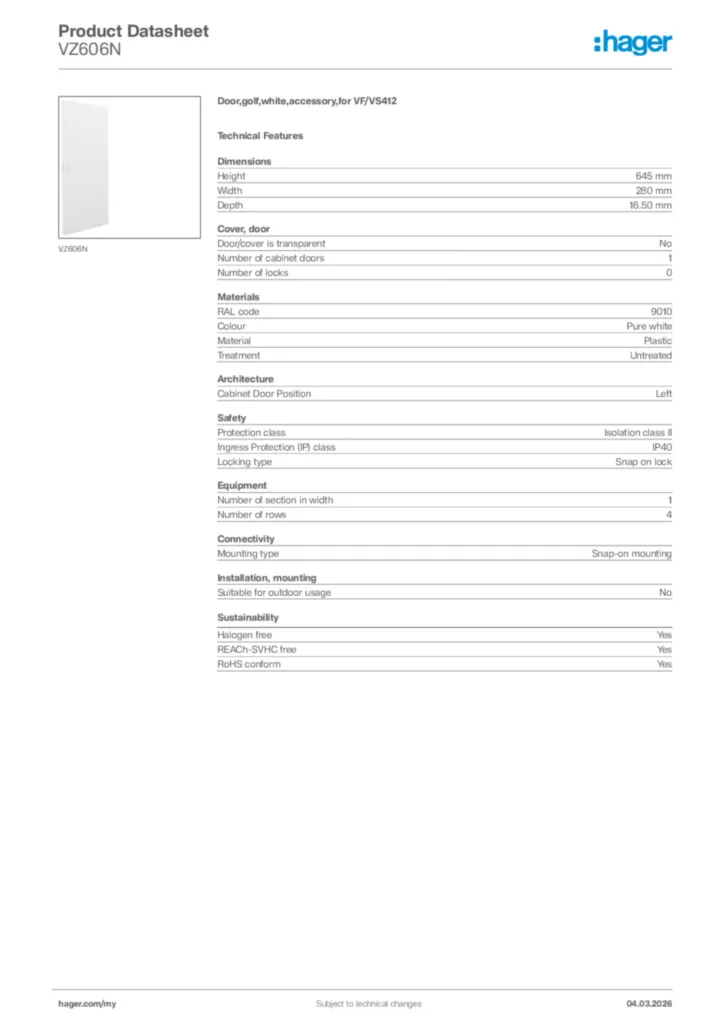 Image Hager Product data sheet VZ606N  | Hager