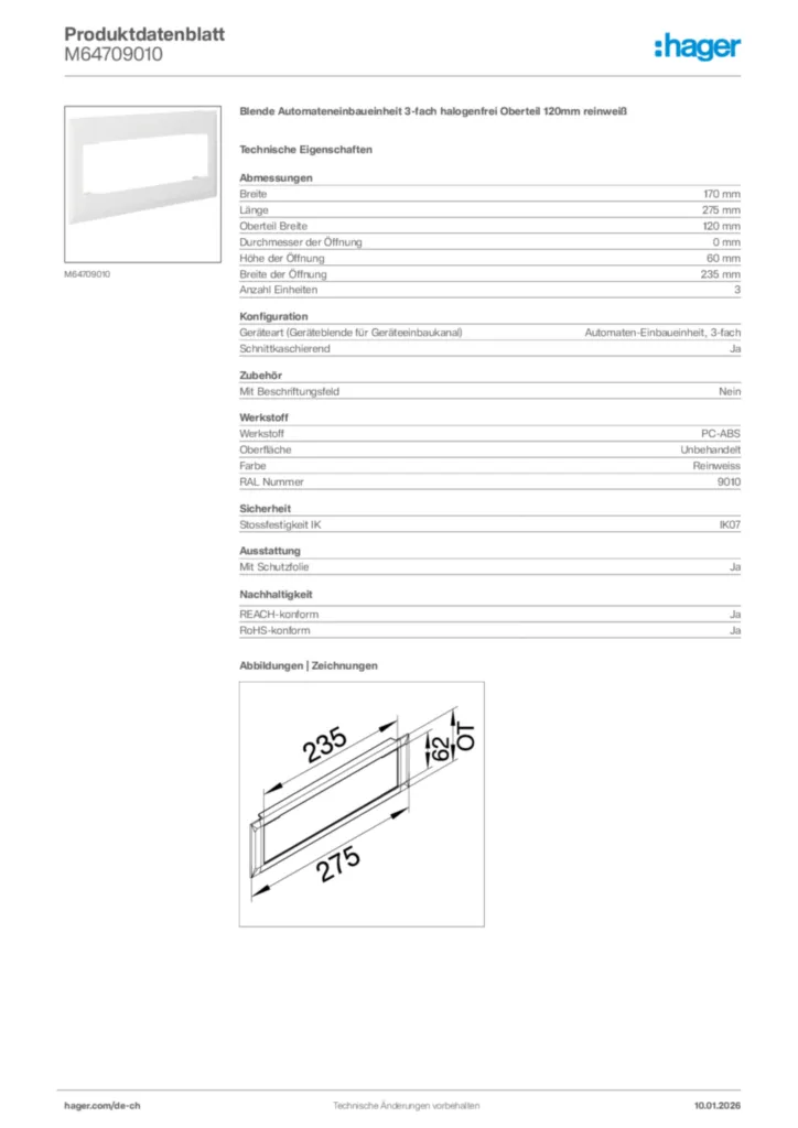 Bild Hager Produktdatenblatt M64709010 | Hager Schweiz