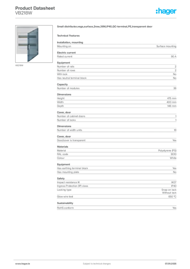 Image Hager Product data sheet VB218W  | Hager