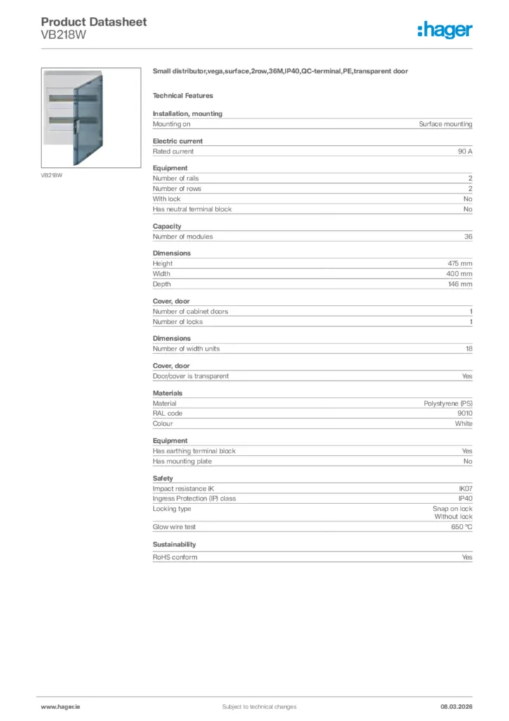 Image Hager Product data sheet VB218W  | Hager