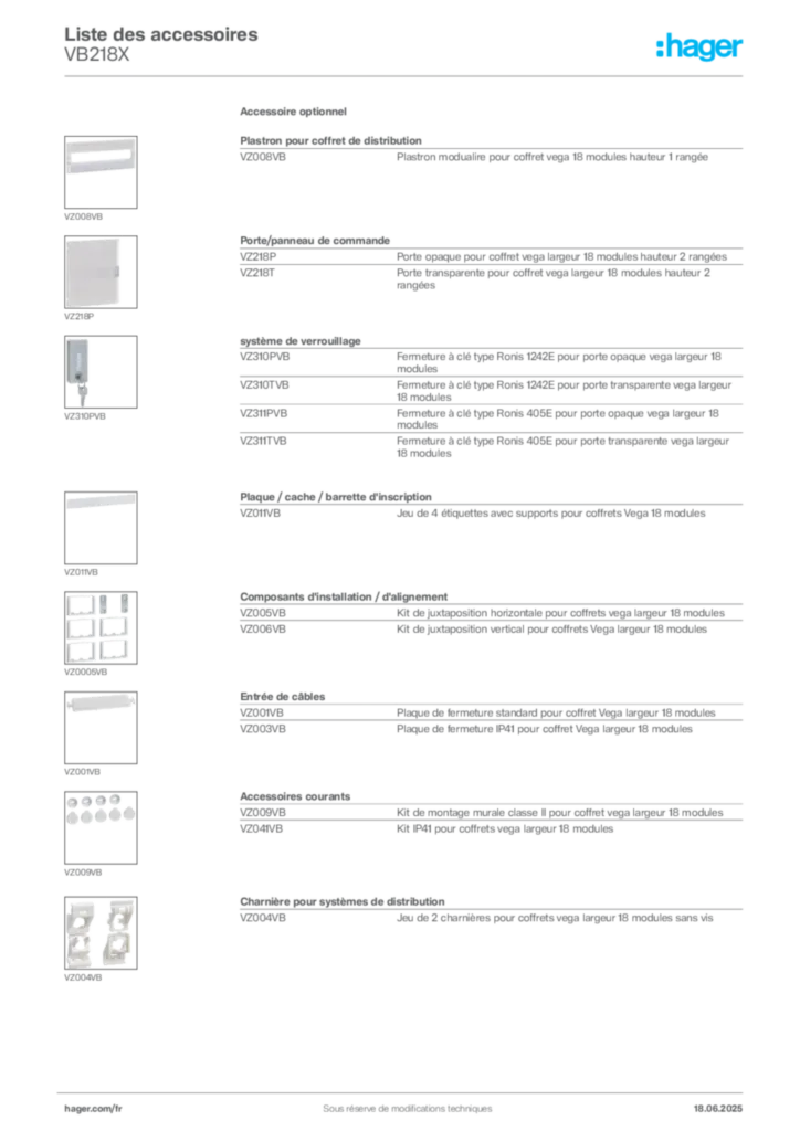 Image Hager Fiche technique du produit VB218X | Hager France