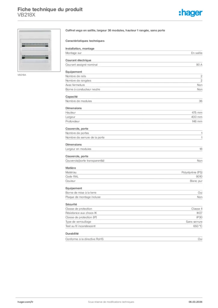 Image Hager Fiche technique du produit VB218X | Hager France