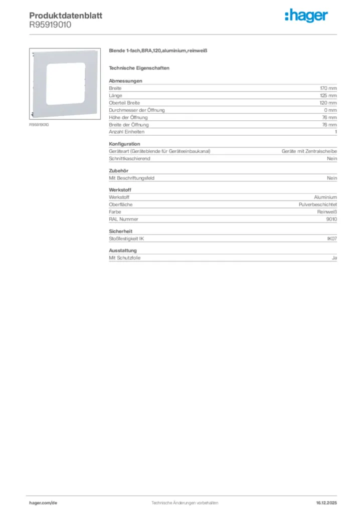 Bild Hager Produktdatenblatt R95919010 | Hager Deutschland