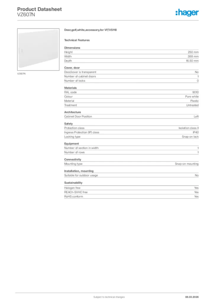 Image Hager Product data sheet VZ607N  | Hager Africa