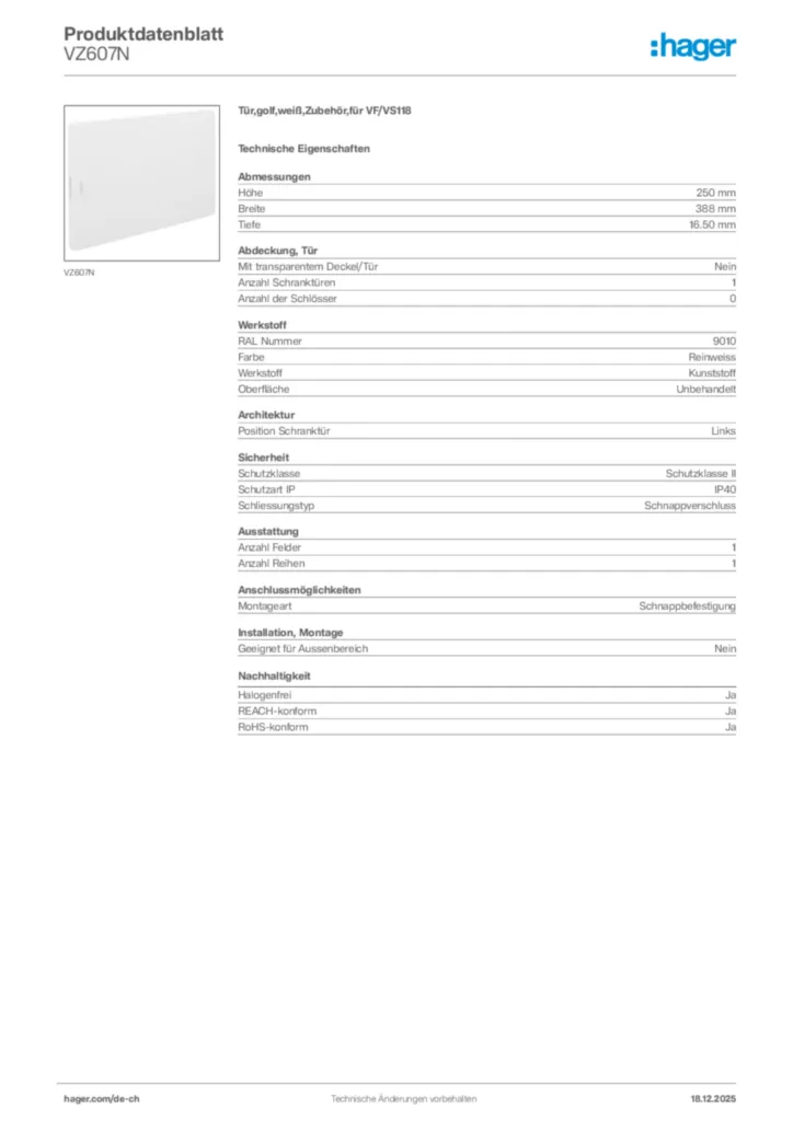 Bild Hager Produktdatenblatt VZ607N | Hager Schweiz