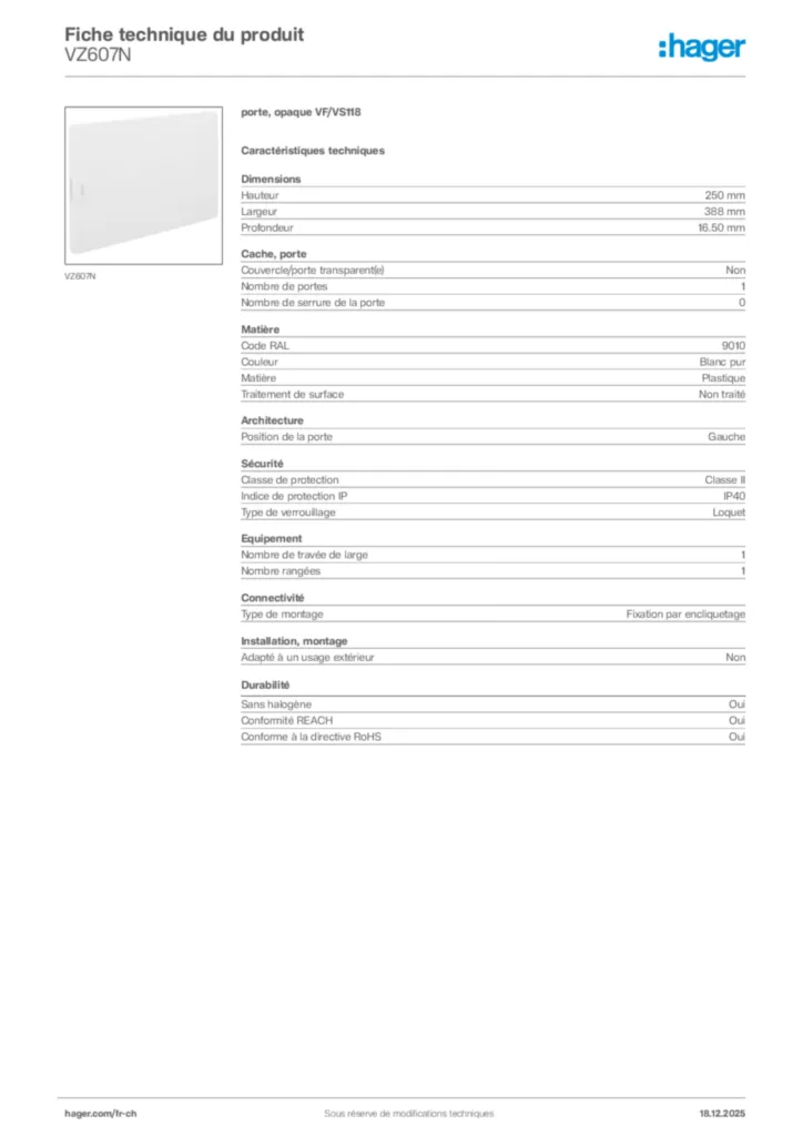 Image Hager Fiche technique du produit VZ607N | Hager Suisse