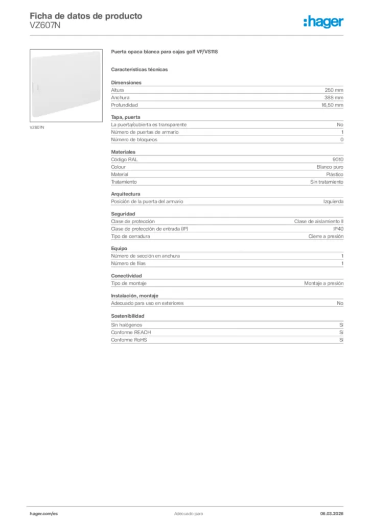 Imagen Hager Ficha de datos de producto VZ607N | Hager España