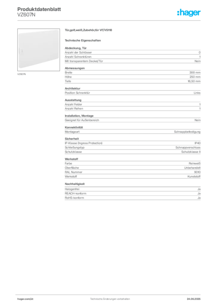 Bild Hager Produktdatenblatt VZ607N | Hager Deutschland
