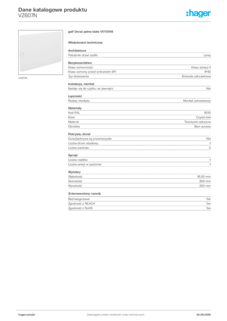 Zdjęcie Hager Karta katalogowa VZ607N | Hager Polska