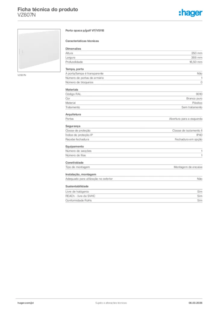 Imagem Hager Ficha técnica do produto VZ607N | Hager Portugal