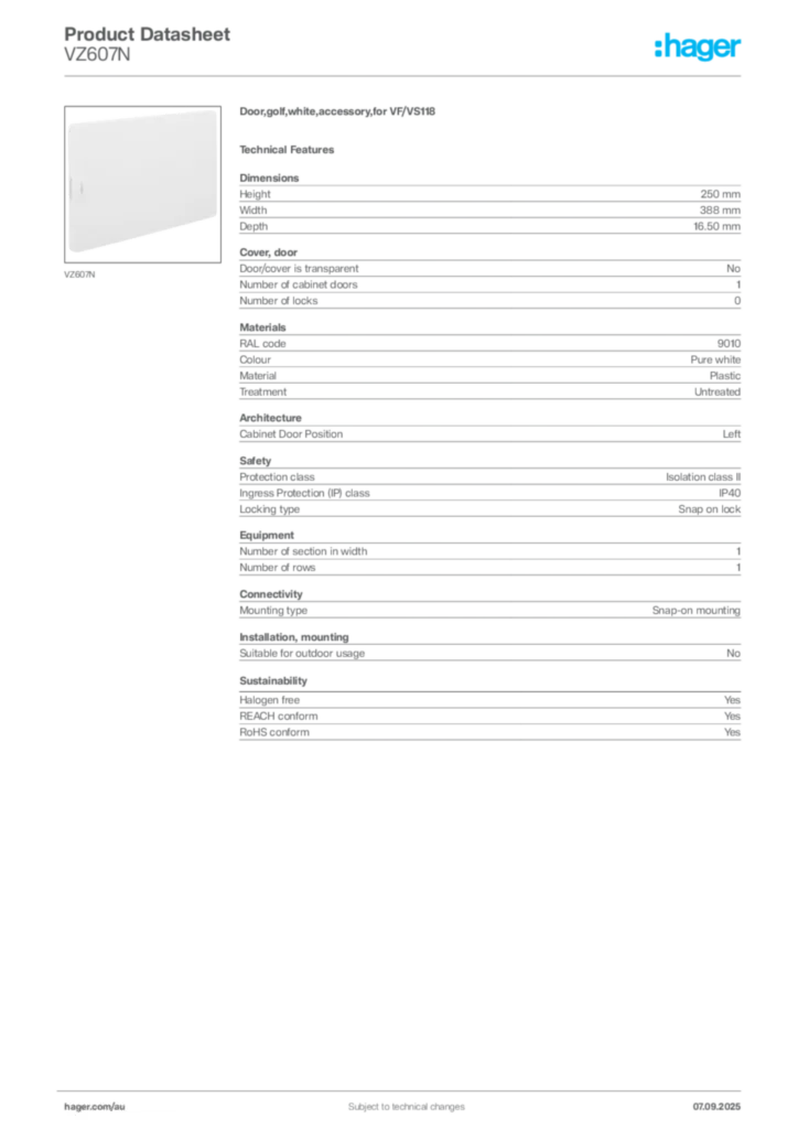 Image Hager Product data sheet VZ607N  | Hager Australia