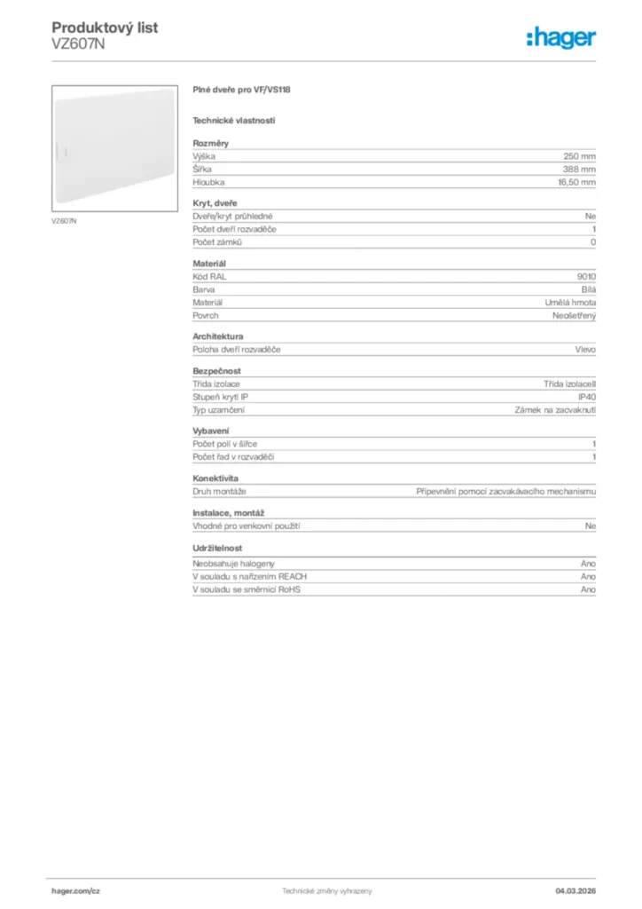 Obrázek Hager Product data sheet VZ607N | Hager