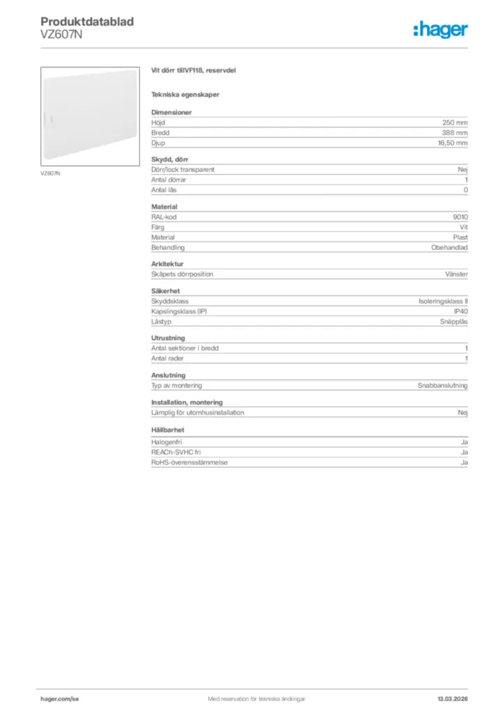 Bild Hager Produktdatablad VZ607N | Hager Sverige