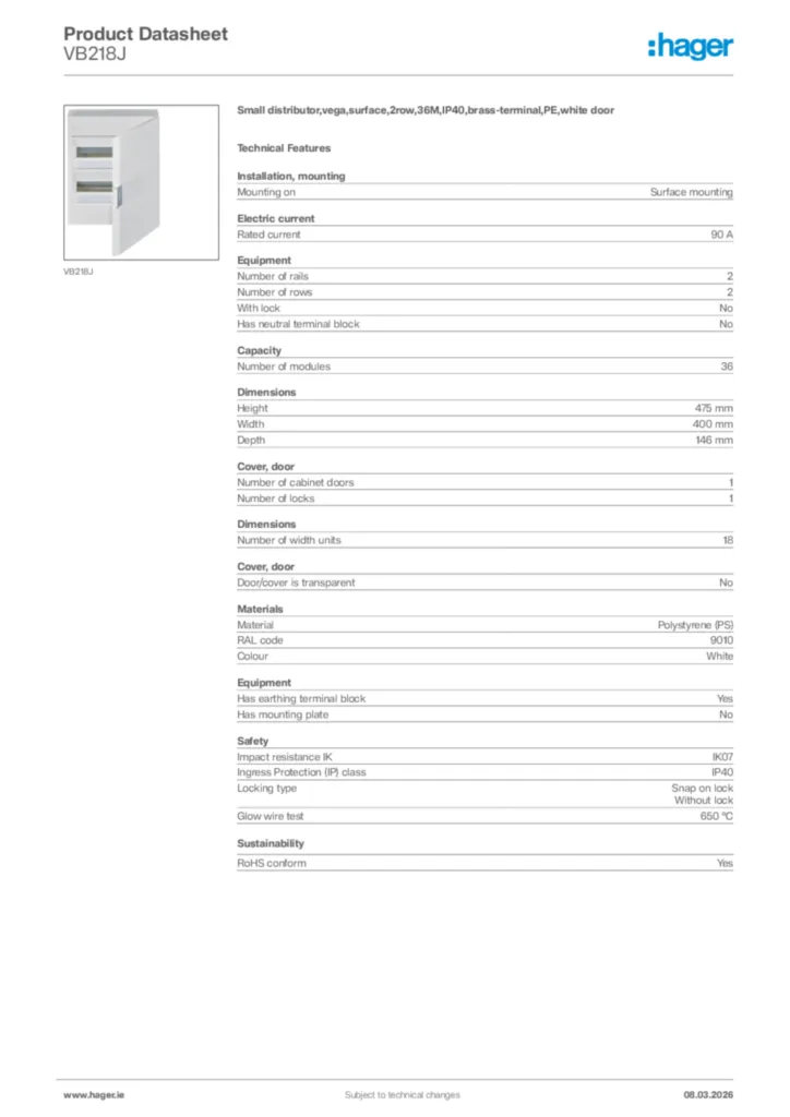 Image Hager Product data sheet VB218J  | Hager