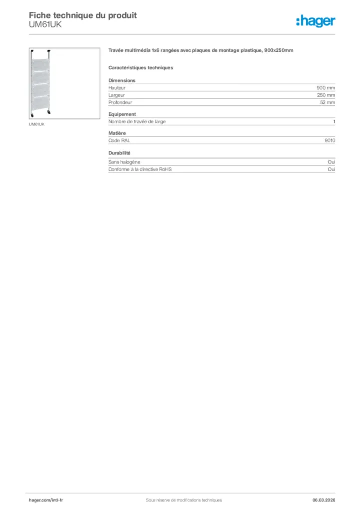 Image Hager Fiche technique du produit UM61UK | Hager Afrique