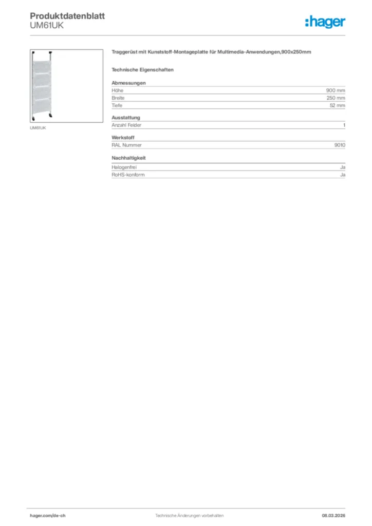 Bild Hager Produktdatenblatt UM61UK | Hager Schweiz