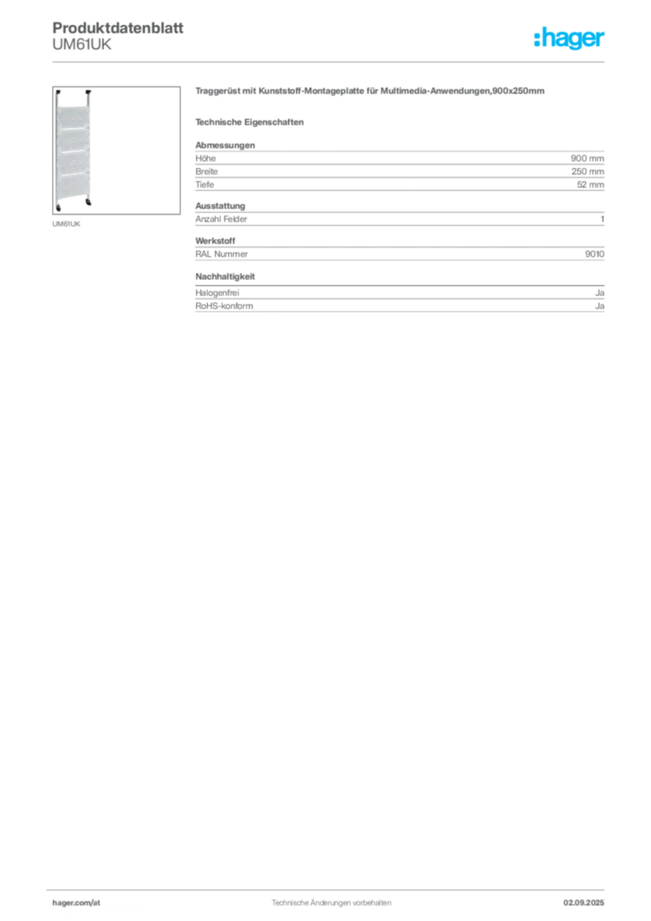 Bild Hager Produktdatenblatt UM61UK | Hager Deutschland