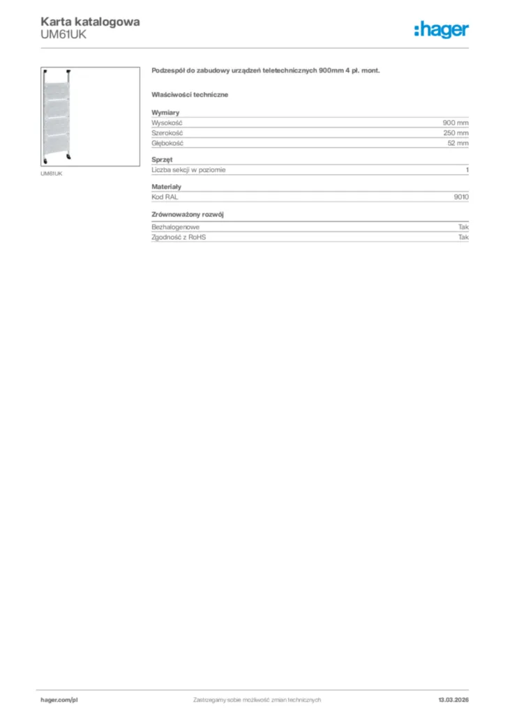 Zdjęcie Hager Karta katalogowa UM61UK | Hager Polska