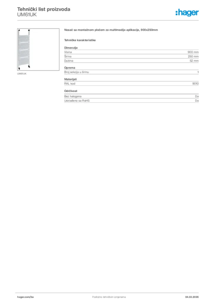 Slika Hager Tehnički list proizvoda UM61UK  | Hager