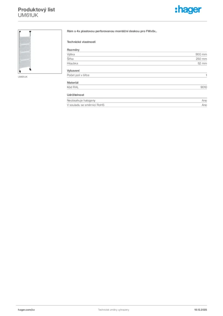 Obrázek Hager Produktový list UM61UK | Hager