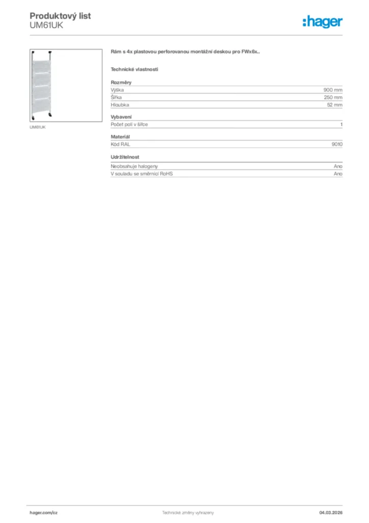 Obrázek Hager Product data sheet UM61UK | Hager