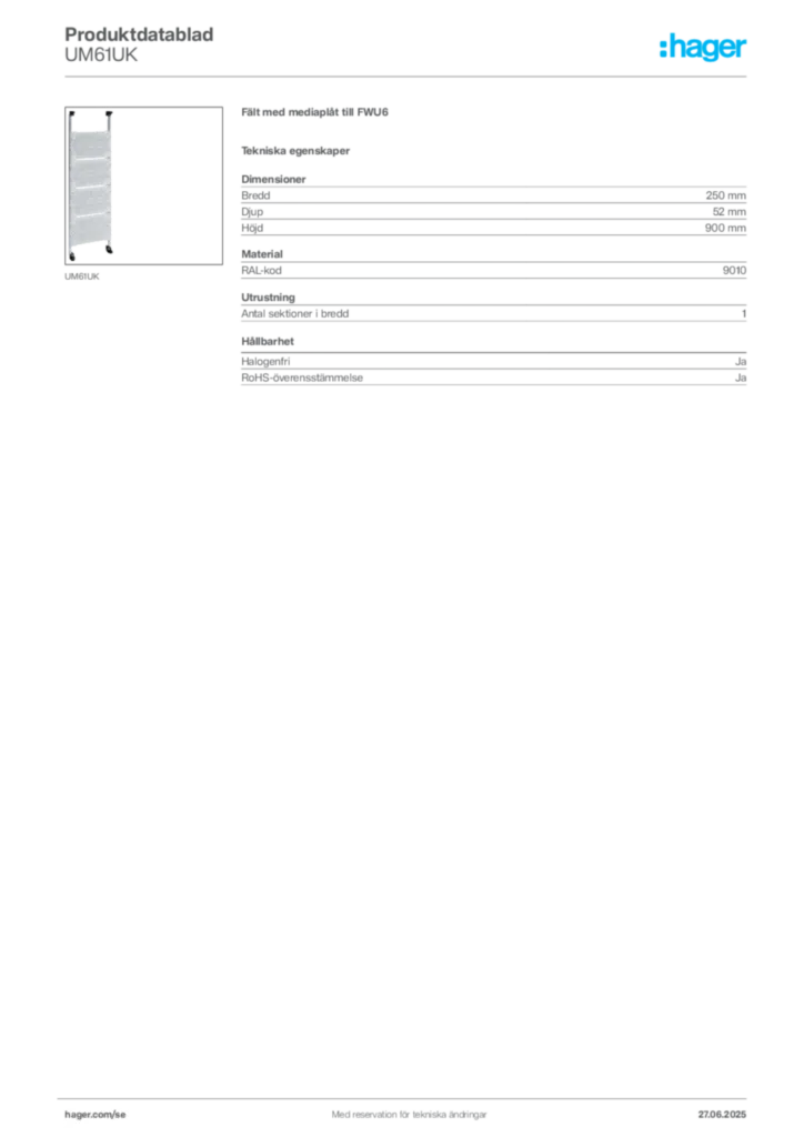 Bild Hager Produktdatablad UM61UK | Hager Sverige