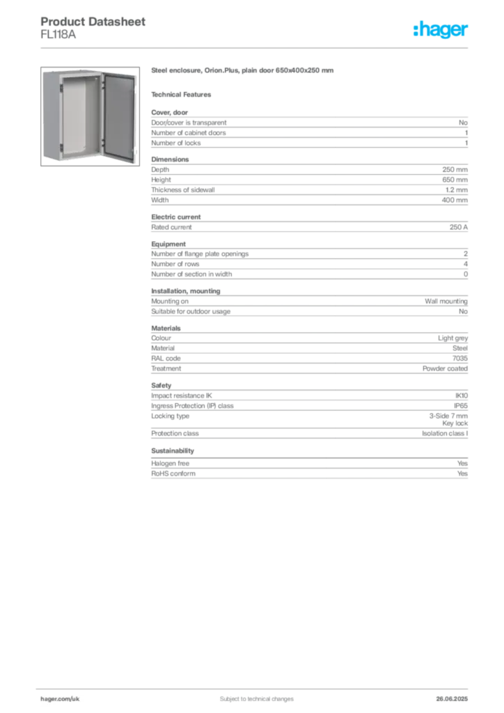 Image Hager Product data sheet FL118A  | Hager