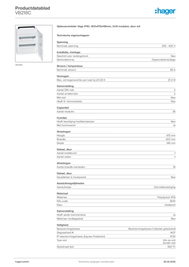 Afbeelding Hager Productdatablad VB218C | Hager Nederland