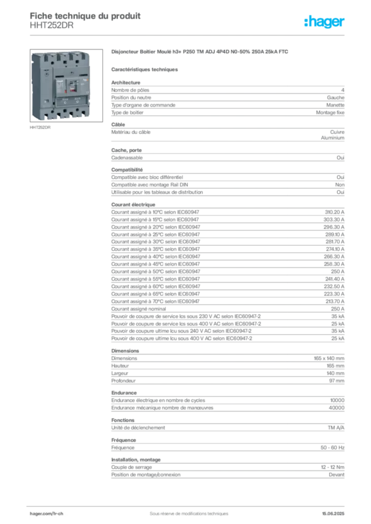 Image Hager Fiche technique du produit HHT252DR | Hager Suisse