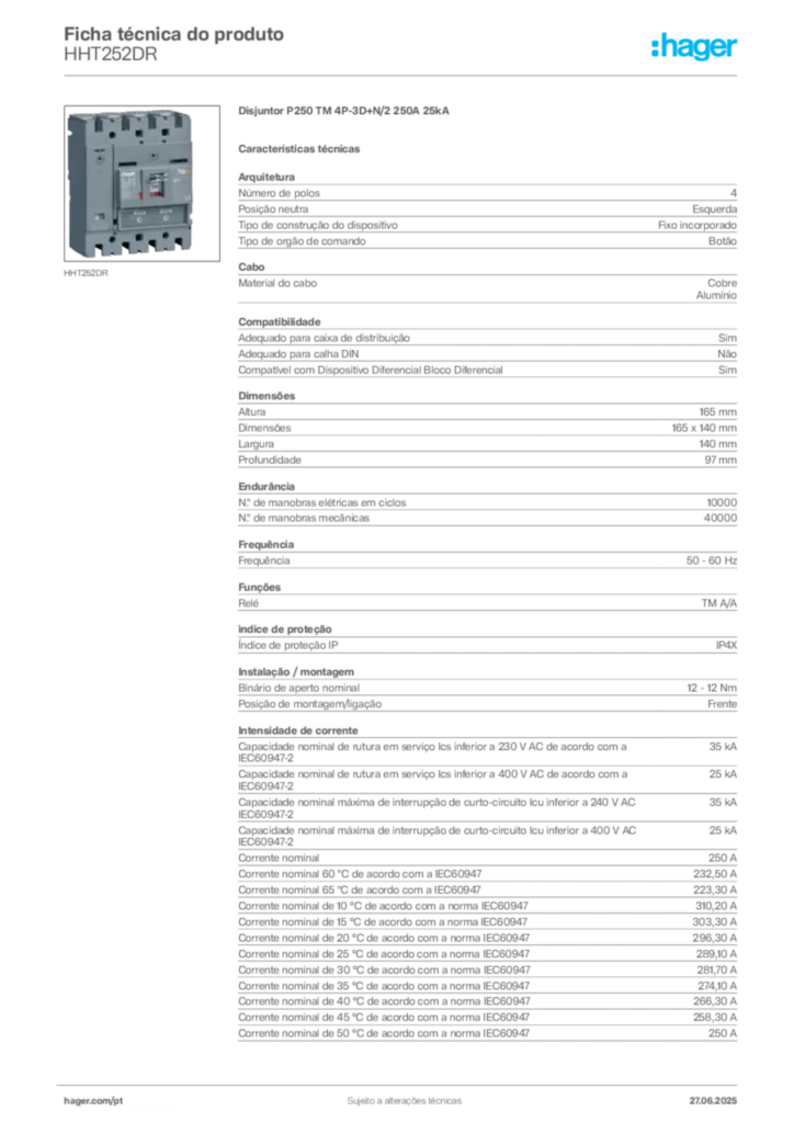 Imagem Hager Ficha técnica do produto HHT252DR | Hager Portugal