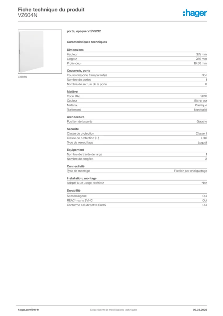 Image Hager Fiche technique du produit VZ604N | Hager Afrique