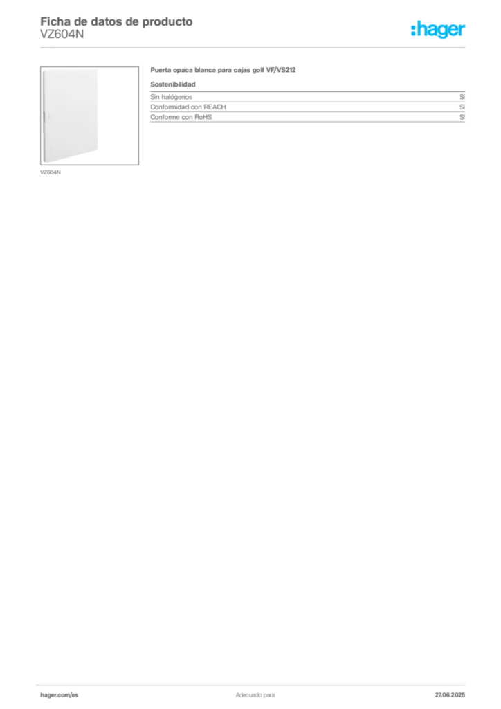Imagen Hager Ficha de datos de producto VZ604N | Hager España