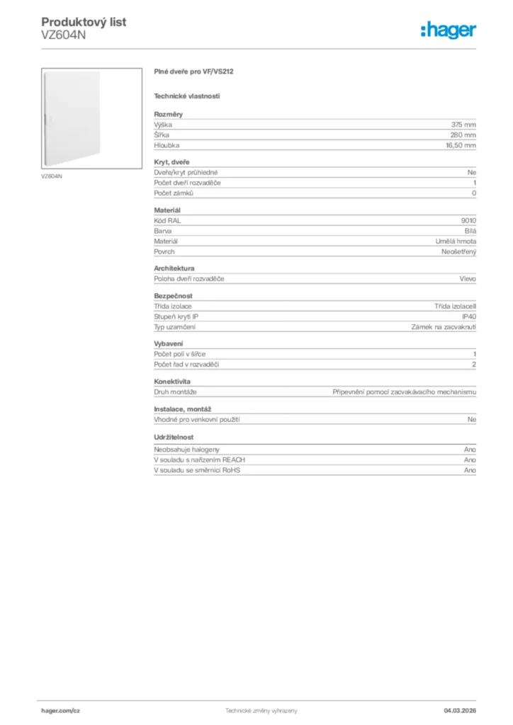Obrázek Hager Product data sheet VZ604N | Hager