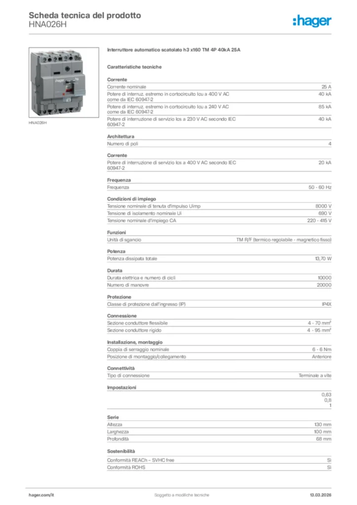 Immagine Hager Scheda tecnica del prodotto HNA026H | Hager Italia