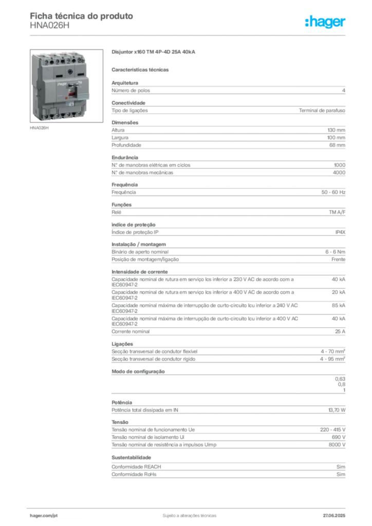 Imagem Hager Ficha técnica do produto HNA026H | Hager Portugal