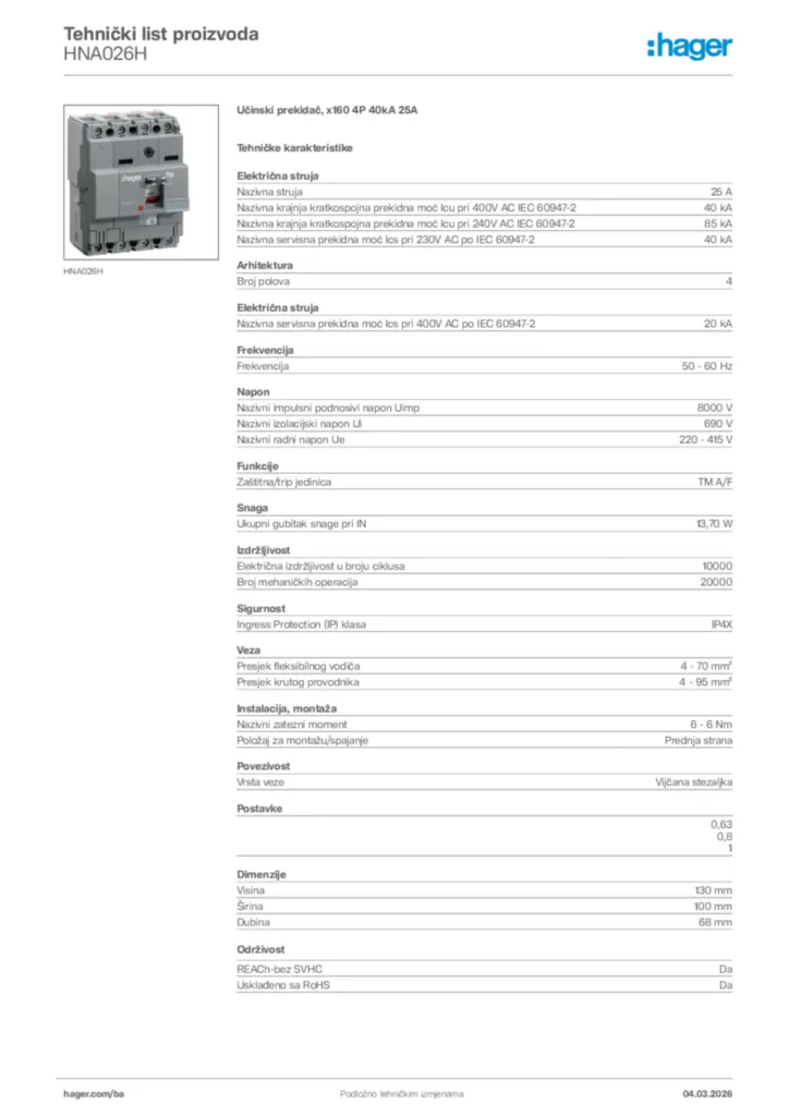 Slika Hager Tehnički list proizvoda HNA026H  | Hager