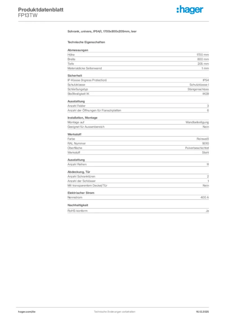 Bild Hager Produktdatenblatt FP13TW | Hager Deutschland