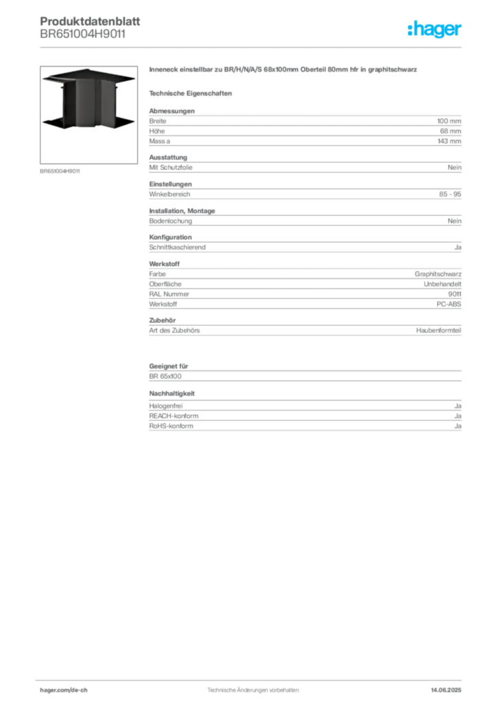 Bild Hager Produktdatenblatt BR651004H9011 | Hager Schweiz